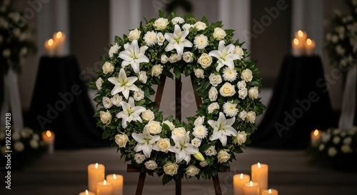 A beautiful funeral wreath made of white flowers and greenery on a stand surrounded by lit candles in a dimly lit room with black tables