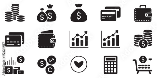 Finance and money icon set. currency, payment, dollar, wallet and credit card black vector illustrations