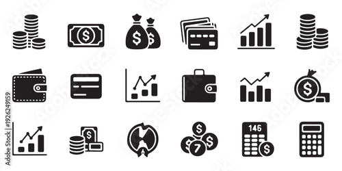 Finance and money icon set. currency, payment, dollar, wallet and credit card black vector illustrations