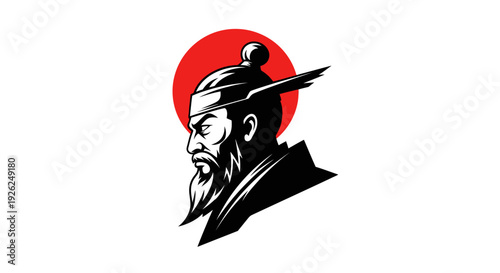 Ancient warrior silhouette portrait with 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 elements, traditional attire, and symbolic red circle