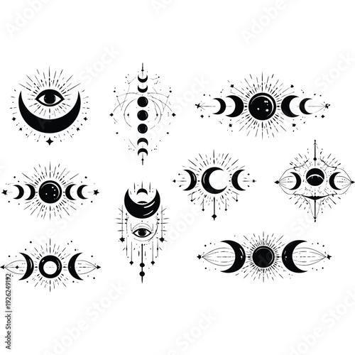 Mystical Moon Phases and All Seeing Eye Black Silhouette Set Isolated on White Background