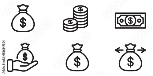 Dollar bag and coin stack outline icons set for banking systems and electronic payment method illustrations