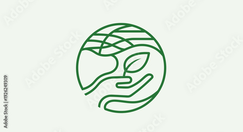 A hand cradling  earth with a sprouting leaf, symbolizing nurturing and growth, in a simple green line illustration.