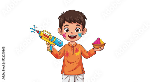 Children celebrating with colorful water guns and powder during a festival