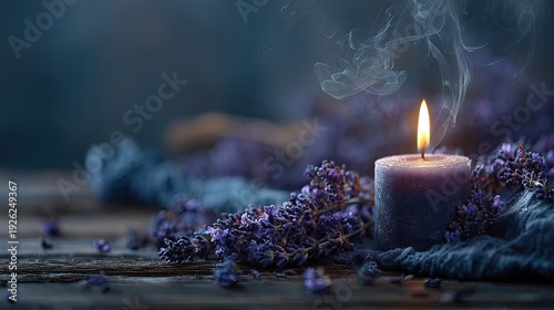 Wallpaper Mural Single purple candle with rising smoke on rustic wooden table surrounded by fresh lavender sprigs against dark blurred background, concept of aromatherapy relaxation Torontodigital.ca