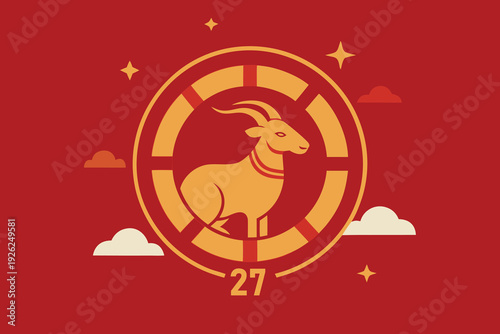 Year of goat 2027 lunar zodiac animal with clouds and stars on red background vector illustration.