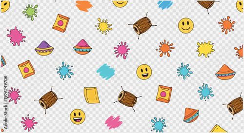 Holi festival doodle seamless pattern. Includes colorful powder, drums, water guns, and paint splatters. Created in hand-drawn style with a bright color palette.