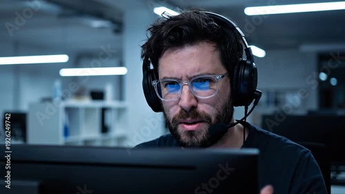 Intense professional gamer wearing blue light glasses and headset focused while reacting strongly to computer screen