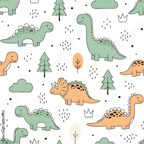 Adorable Cartoon Dinosaur Forest Nursery Print Design