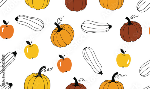 Colorful autumn harvest seamless pattern vector featuring orange pumpkins yellow apples and squash icons for Thanksgiving dinner decor and seasonal kitchen background design.