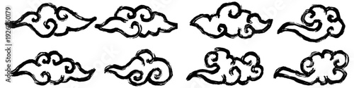 Brush drawing traditional asian clouds collection vector for cultural festival posters. Ideal for symbolizing eastern heritage, zen peace, and oriental skies.
