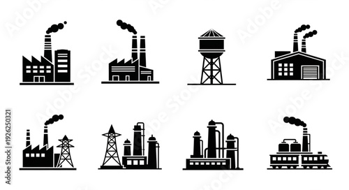 Industrial factory silhouettes representing manufacturing and production plants with smoke.