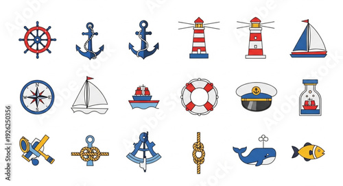 Collection of nautical themed illustrations featuring various maritime elements and symbols.