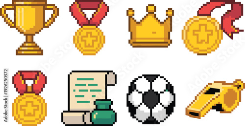 Pixel art award icons set, gold trophy medal crown certificate soccer ball and whistle retro game achievement collection
