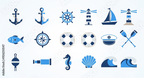 Collection of nautical themed icons representing maritime elements and symbols for design.