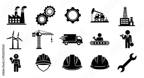 Industrial and construction icons representing various aspects of industry and engineering.