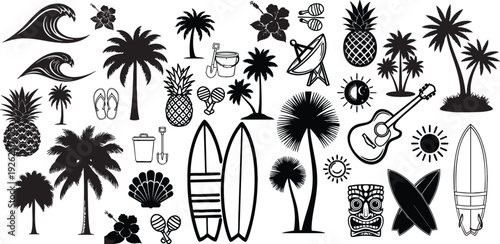 Black and white tropical including palm trees surfboards pineapple