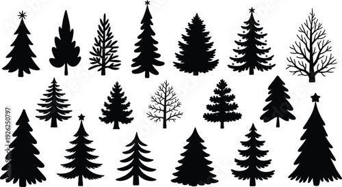 Christmas tree silhouette set, black evergreen pine collection isolated vector illustration for holiday decoration, winter design