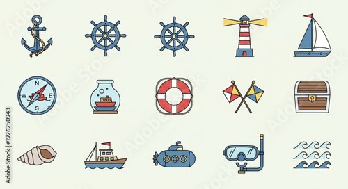 Collection of nautical themed illustrations featuring various maritime elements and symbols.