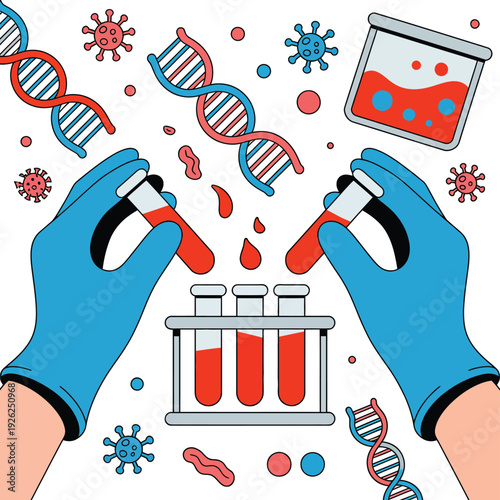 Scientist's hands in blue gloves pour blood samples into laboratory.