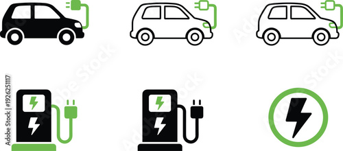 Electric vehicle charging flat vector icon set, EV car plug battery lightning power symbols collection