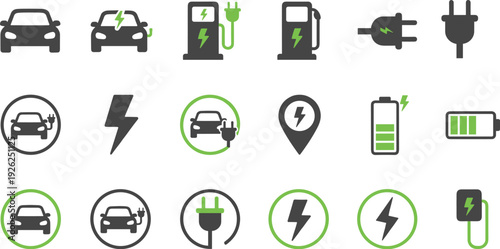 Electric vehicle charging flat vector icon set, EV car plug battery lightning energy symbols collection