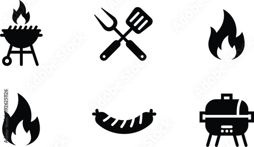 Barbecue grill and fire flame flat vector illustration set, BBQ tools, sausage icon, outdoor cooking symbol collection