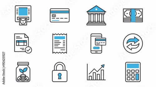 Collection of finance and banking icons representing various financial concepts and services in a simple, modern style
