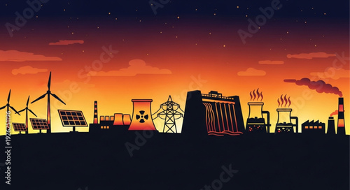 Silhouette of Power Plants and Renewable Energy Sources at Sunset.
