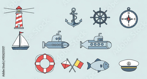 Collection of nautical themed illustrations, perfect for maritime design projects and concepts.