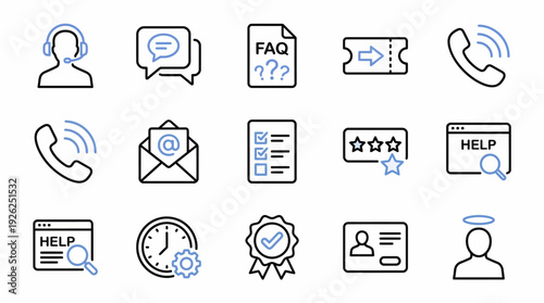 Collection of simple line icons representing communication and support services in a minimalist style
