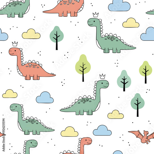 Cute Cartoon Dinosaurs Happy Friends Playful Pattern