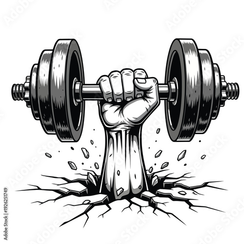 Muscle arm breaking through cracked ground