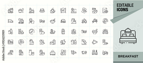 Breakfast icon set. Minimalist linear icons. Includes symbols for croissant, drink, food. Editable stroke. Meal icon set in linear style.