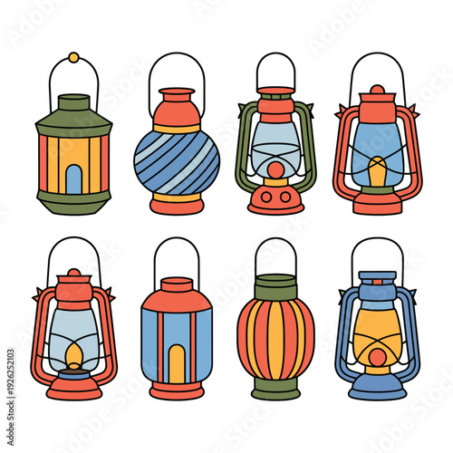 Eight antique kerosene lanterns display various colors and unique.