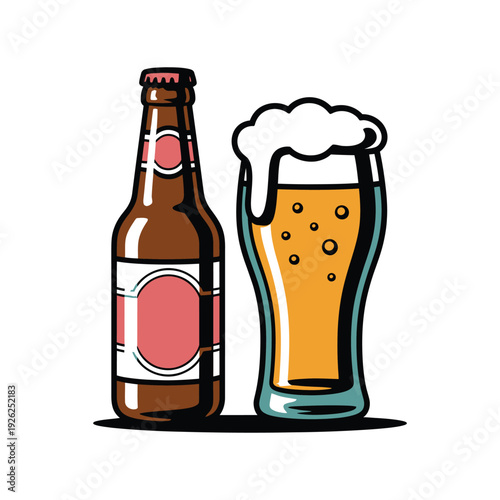 Brown glass beer bottle stands beside a frothy glass of golden lager.