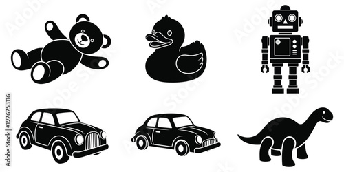 Collection of diverse, classic black silhouette vector graphics representing various children's toys and vehicles.