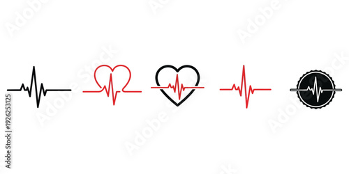Diverse collection of black and red vector graphic electrocardiogram heartbeat line designs.
