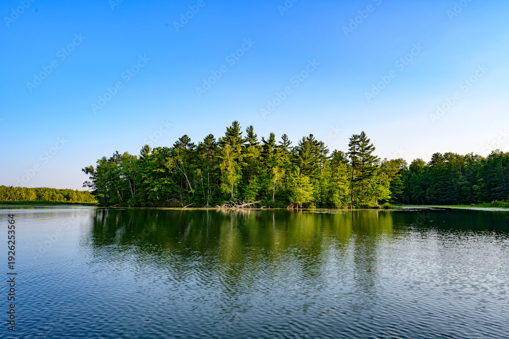 Obraz premium Tranquil summer lakeside island reflection
