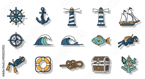 Collection of nautical themed icons representing various maritime elements and symbols.