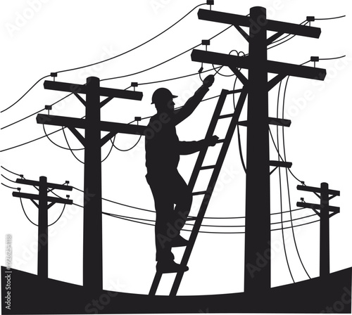 Silhouette of Utility Lineman Climbing Ladder Repairing Overhead Power Lines on Wooden Poles in Electrical Energy Distribution Infrastructure