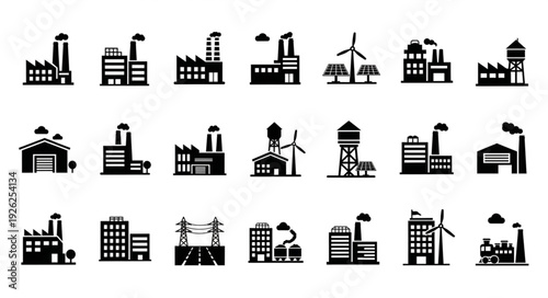 Industrial factory silhouettes representing manufacturing and production plants in various designs.