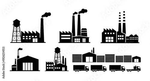 Industrial factory silhouettes representing manufacturing and production facilities in black and white.