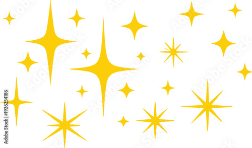 Golden yellow star sparkles, shining glisten symbols, magic twinkling icons, decorative light bursts isolated on white background, vector illustration.