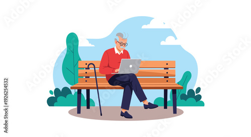 Elderly man with grey hair sits on a wooden park bench while working on a silver laptop with his walking stick resting nearby.