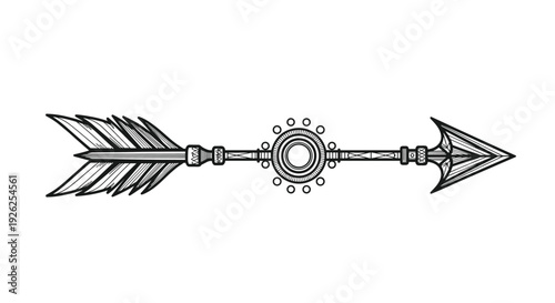 Intricate hand-drawn black and white ornamental arrow featuring detailed feathers and geometric patterns on a plain white background.