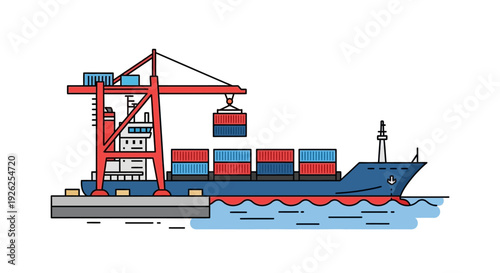 Cargo ship being loaded with containers by crane at a bustling dock