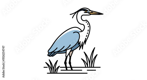 Illustration of a heron standing in the wetlands with grass around it from a side view