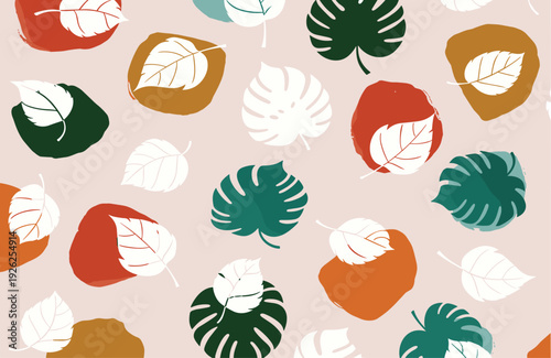 A collection of various stylized leaves and foliage displayed in a seamless pattern, viewed from directly above