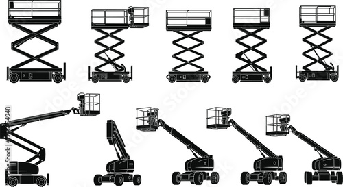 Silhouette aerial work platforms including scissor lifts and boom lifts, industrial equipment illustration for construction, maintenance, and elevated access tasks in workplaces